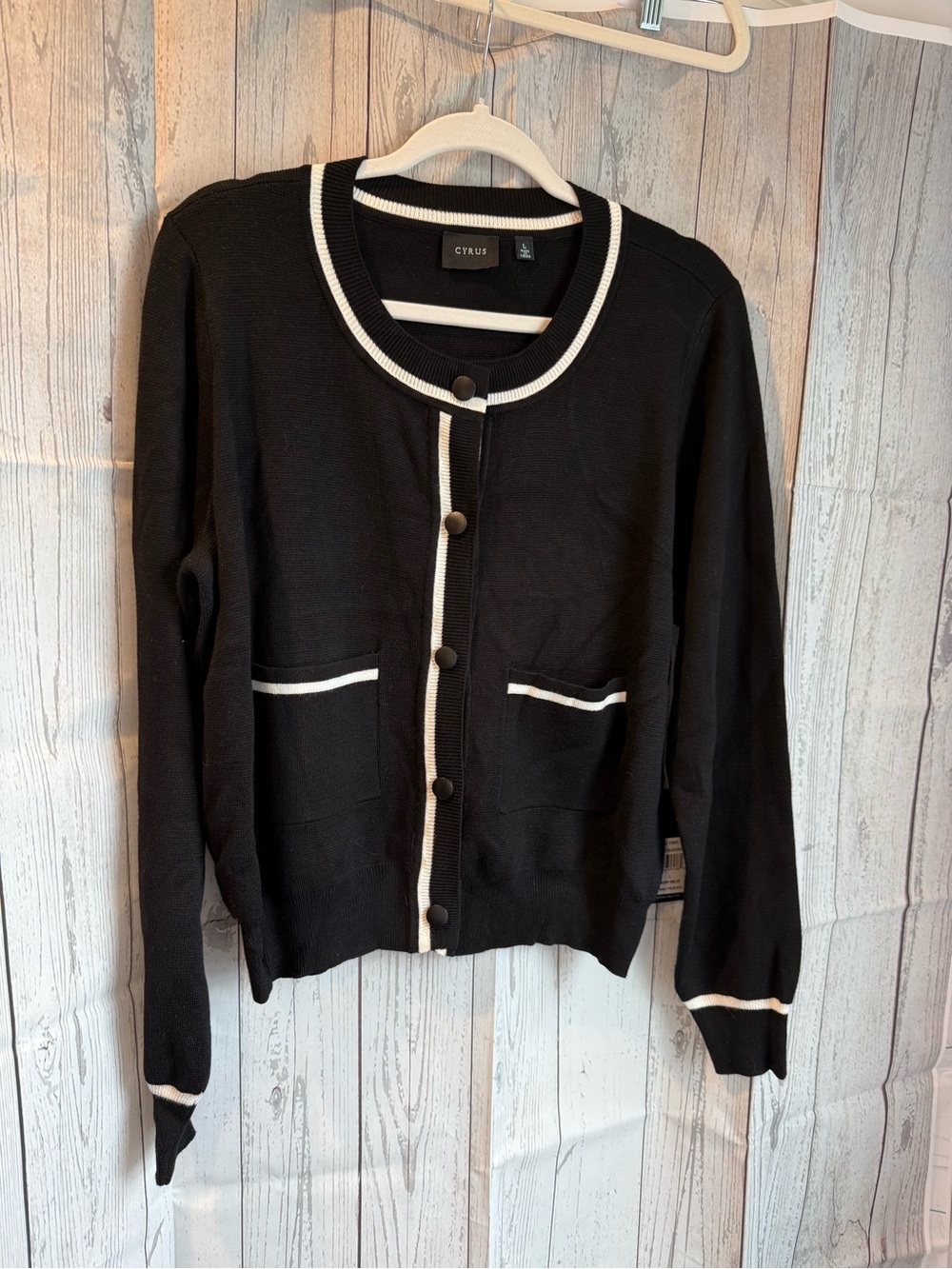 Cyrus Black Cardigan White Trim Large NWT